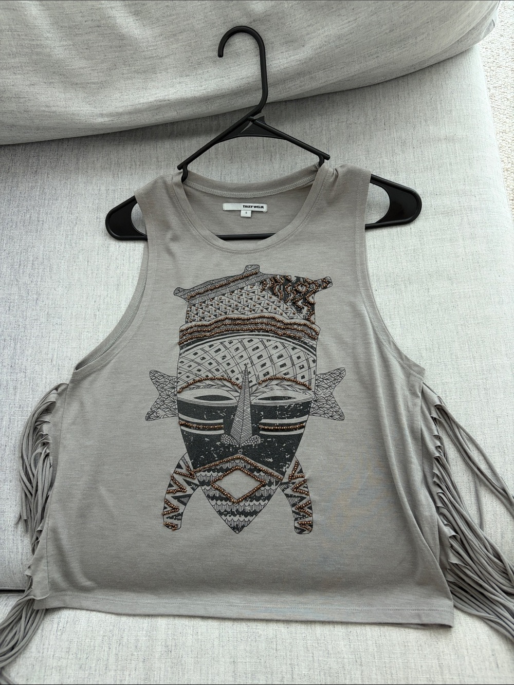 Tribal Graphic Fringe Tank Top - Taupe